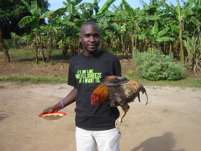seggy-with-chicken We have about 1000 pictures of Seggy...it was hard to choose just one! This was taken in Masaka after a chicken was given by a Ugandan woman to Nkumba as a gift--as a "thank you" for caring for her son, Alex.